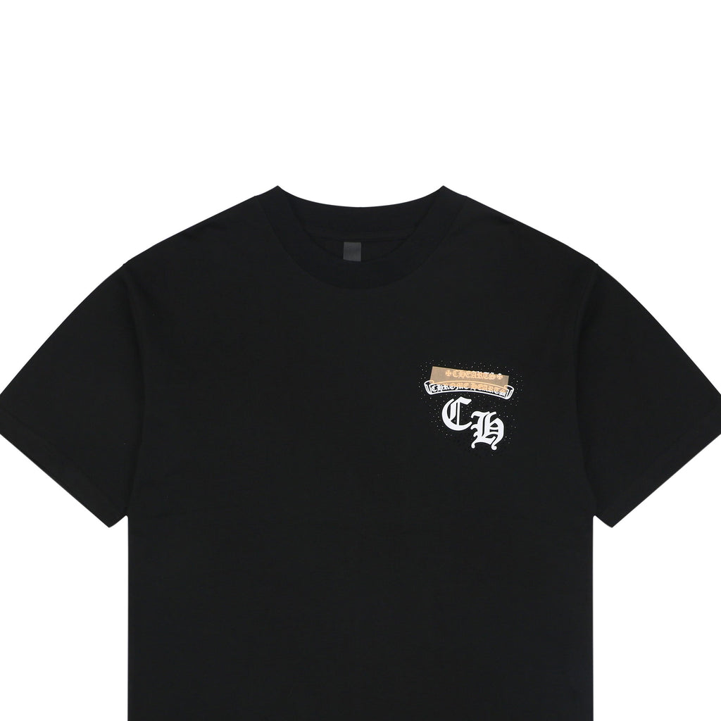 Chrome Hearts Style Gold & White Chest Logo T-Shirt - Black Cotton Streetwear Tee