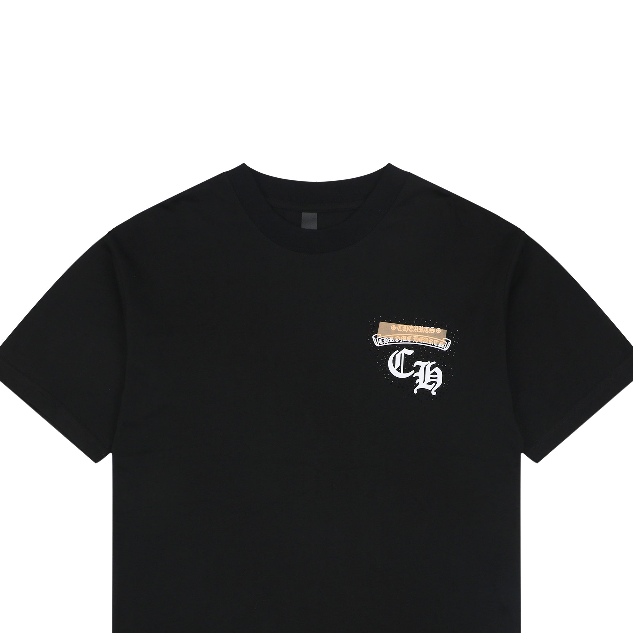 Chrome Hearts Style Gold & White Chest Logo T-Shirt - Black Cotton Streetwear Tee