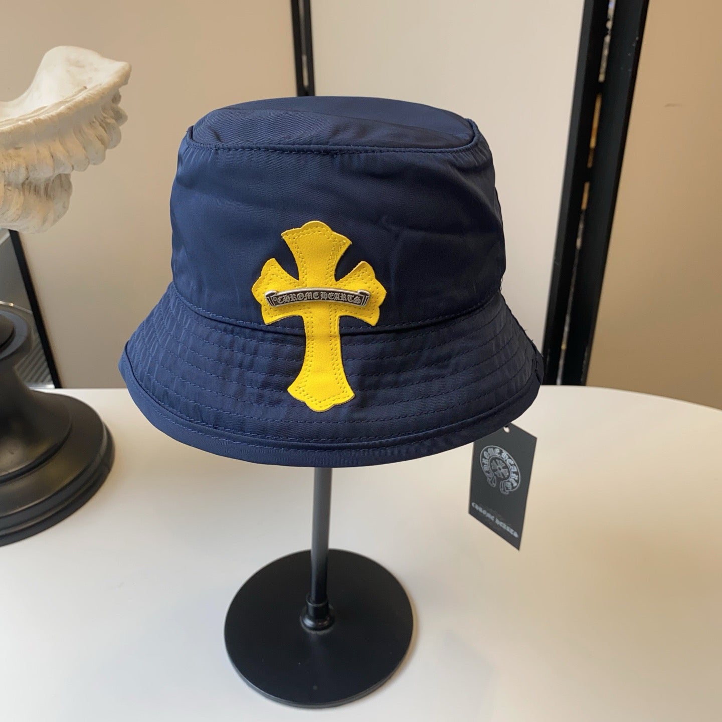 Chrome Hearts Dark Blue & Yellow Cross Leather-Appliqué Bucket Hat