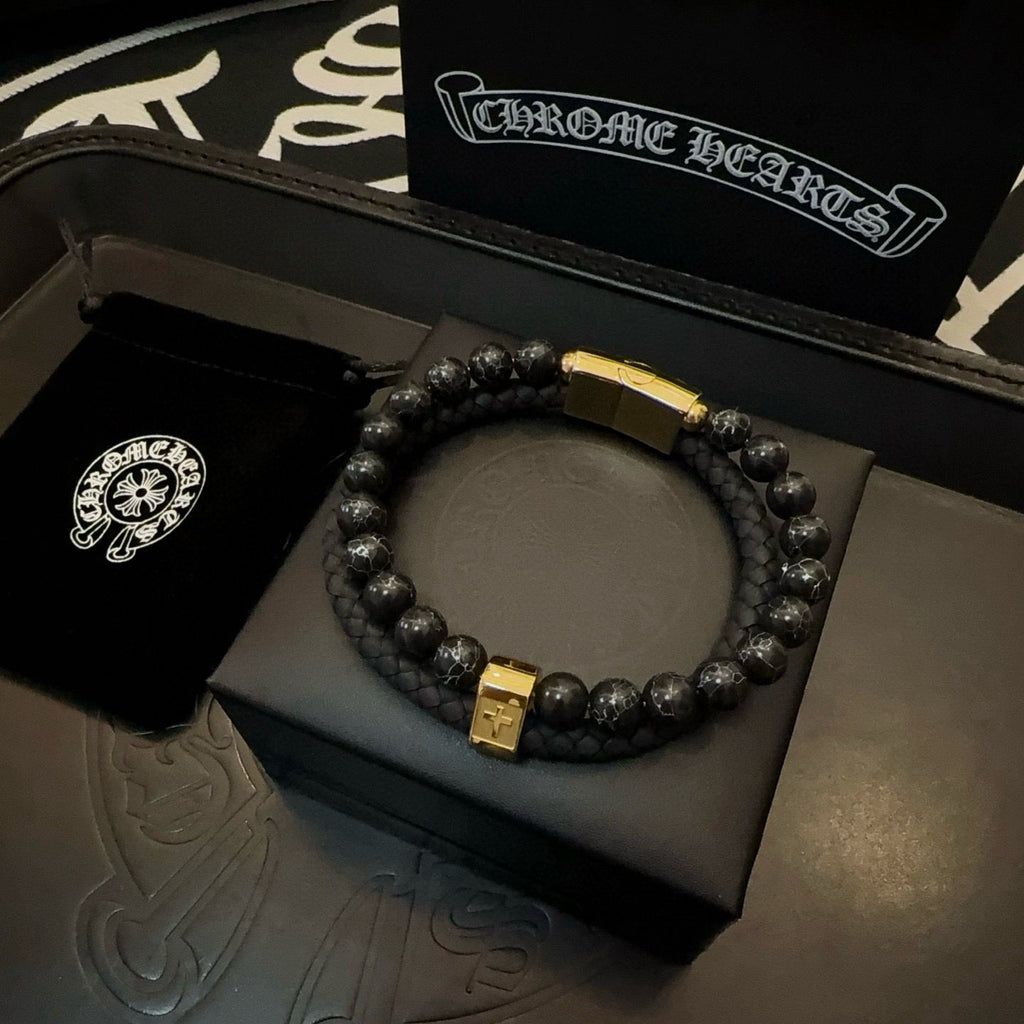 Chrome Hearts Double-Layer Bracelet: Volcanic Stone and Leather