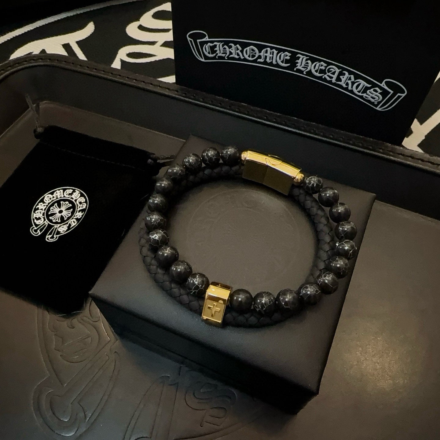 Chrome Hearts Double-Layer Bracelet: Volcanic Stone and Leather
