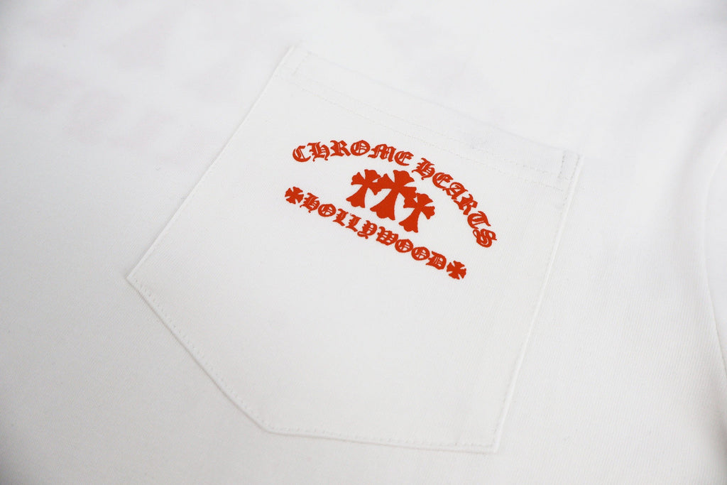 Chrome Hearts Hollywood Triple Cross Pocket T-Shirt - White Tee with Red Logo Print