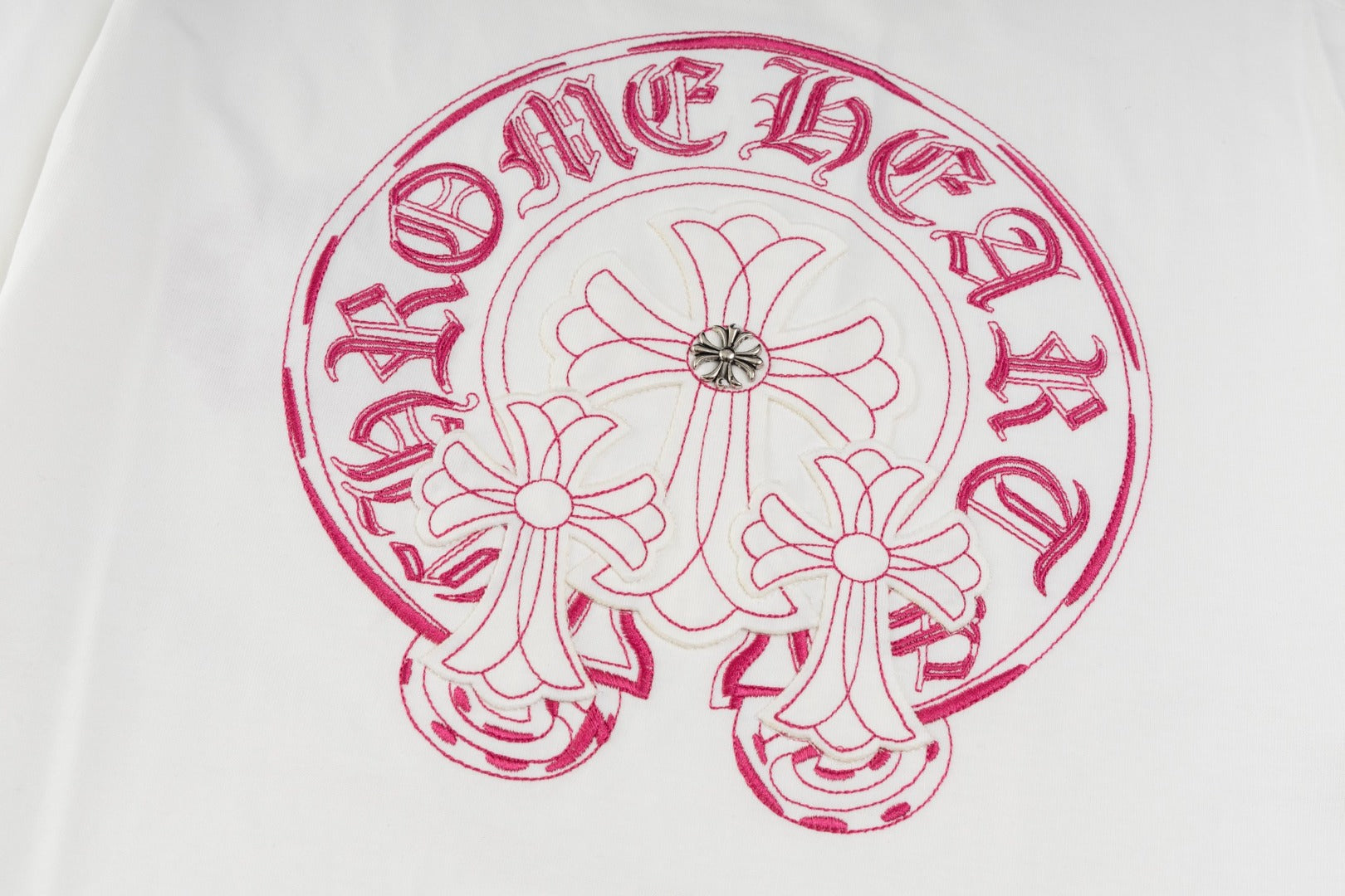Chrome Hearts White T-Shirt with Pink Triple Cross Horseshoe Graphic