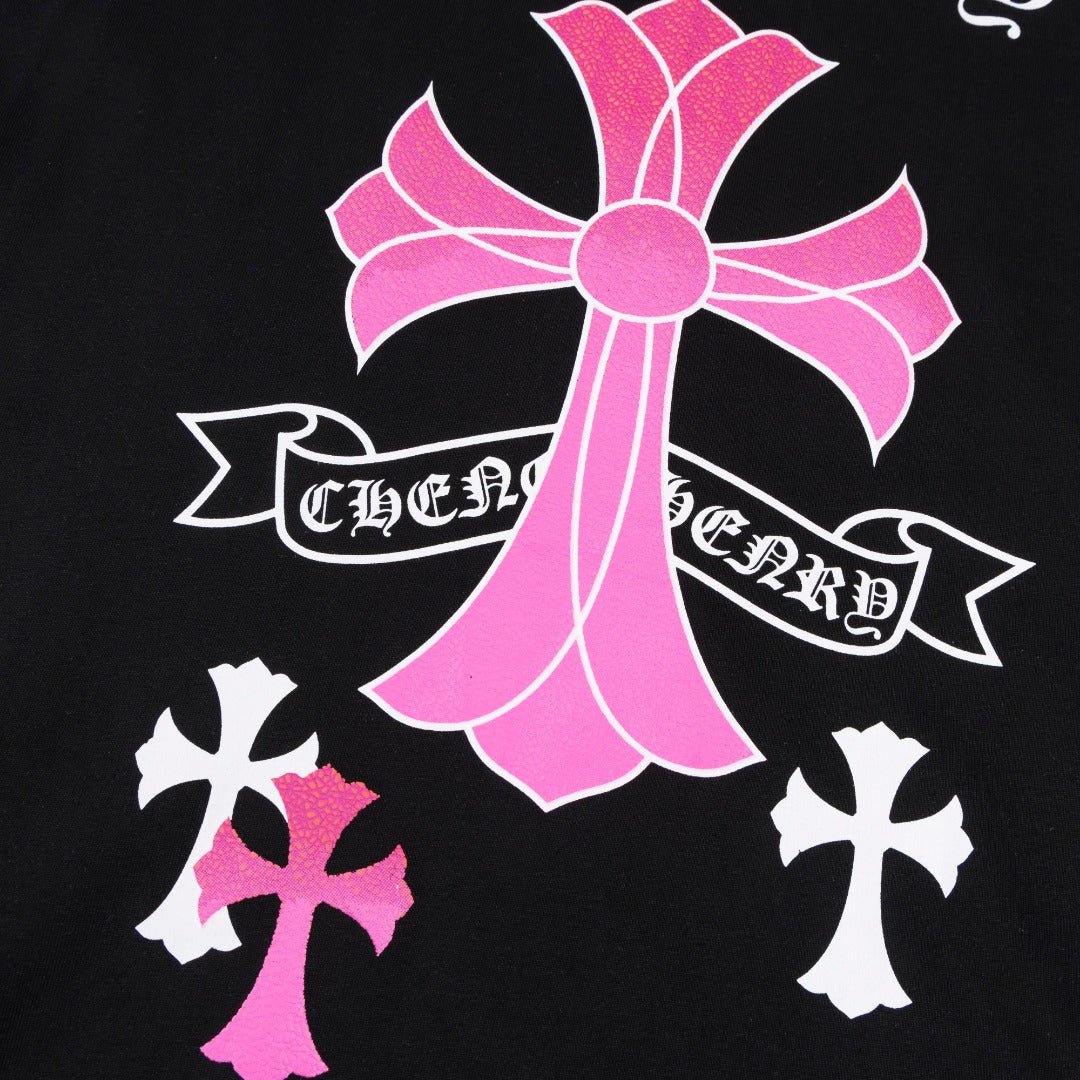 Chrome Hearts Black T-Shirt with Pink Multi-Cross Graphic