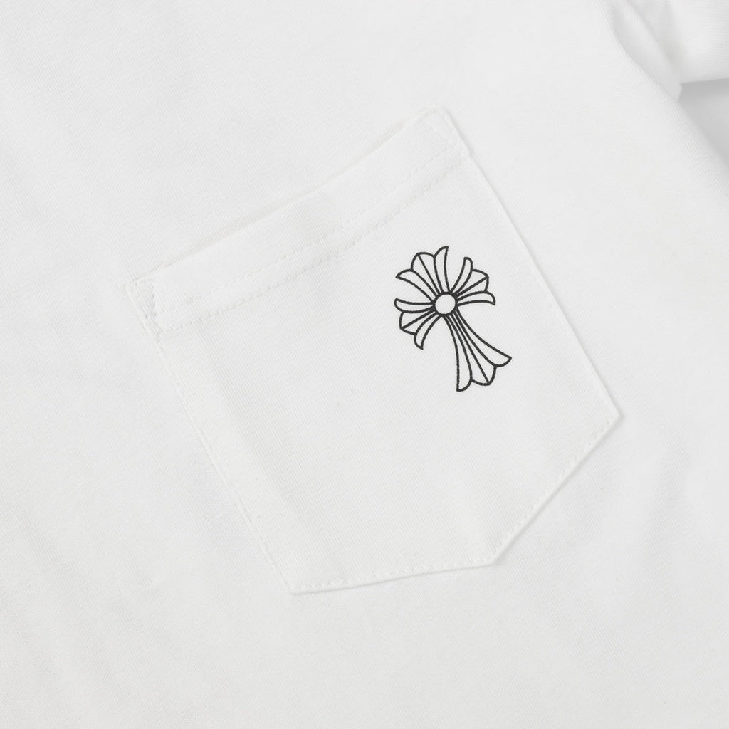 Chrome Hearts Style Gothic Cross Pocket T-Shirt – Back Print & Neck Embroidery, Premium Cotton Streetwear Tee