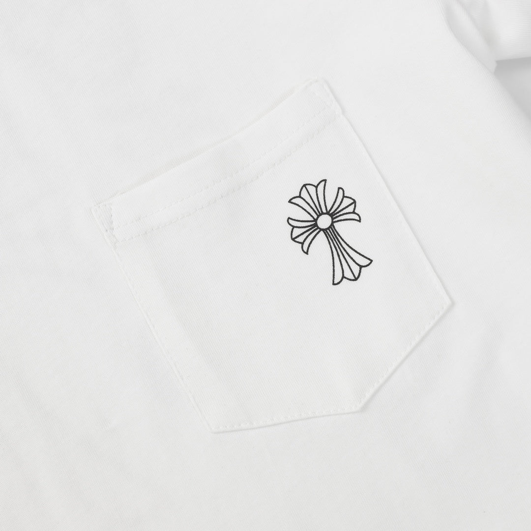 Chrome Hearts Style Gothic Cross Pocket T-Shirt – Back Print & Neck Embroidery, Premium Cotton Streetwear Tee
