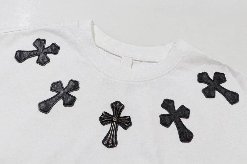 Chrome Hearts White T-Shirt with Black & Silver Cross Appliqués - Chest Detail