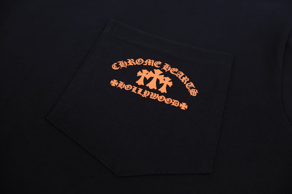 Chrome Hearts Hollywood Triple Cross Pocket T-Shirt - Black Tee with Orange Logo Print