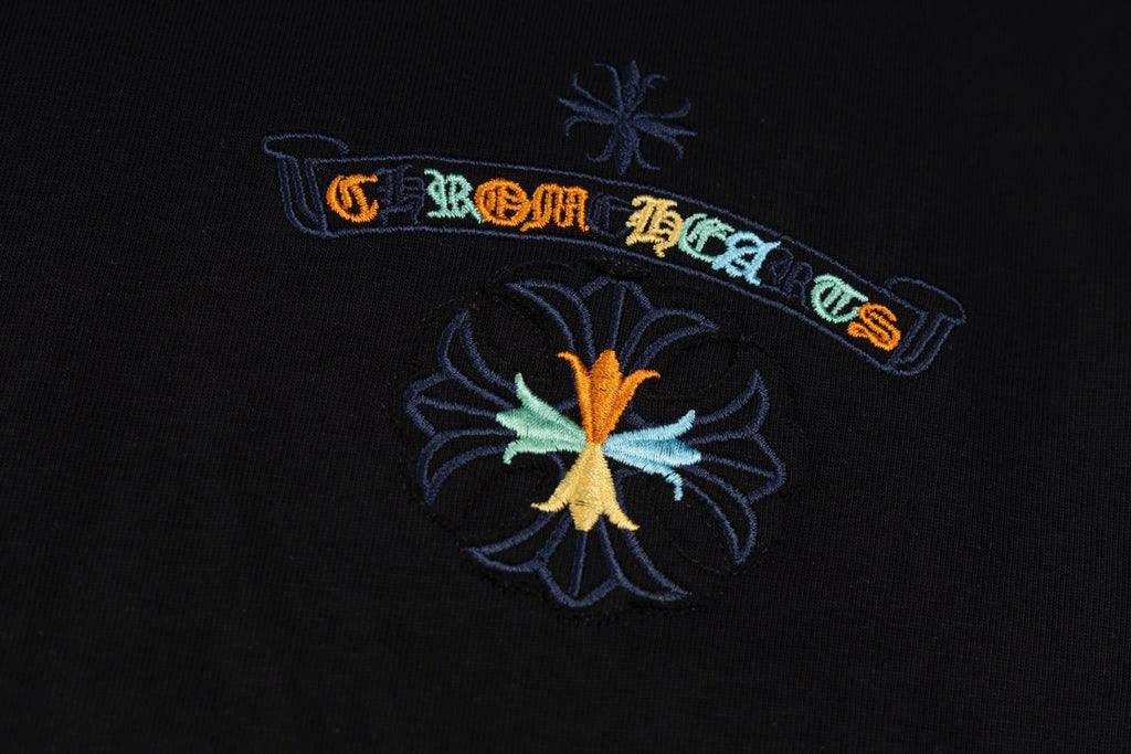 Chrome Hearts Black T-Shirt with Colorful Embroidered Horseshoe Cross Graphic