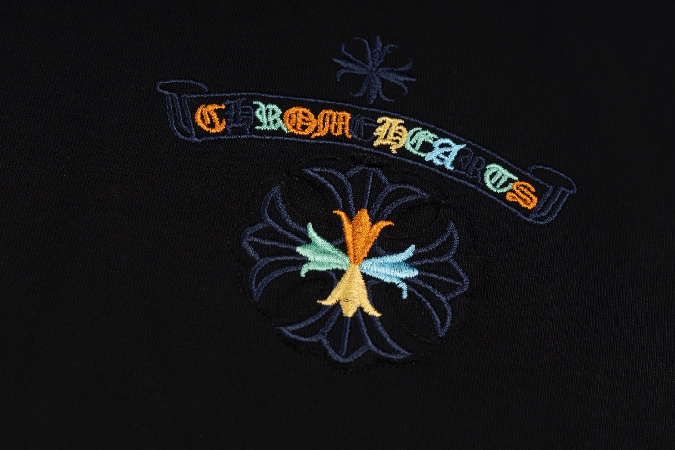 Chrome Hearts Black T-Shirt with Colorful Embroidered Horseshoe Cross Graphic