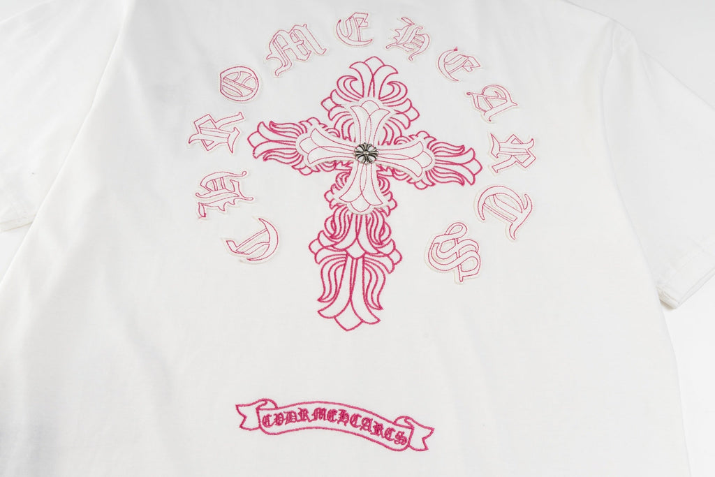 Chrome Hearts 2026 SS Pink Embroidered Cross T-Shirt - White Unisex Cotton Tee with Gothic Logo