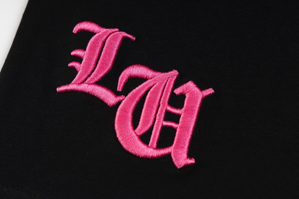 Chrome Hearts Black T-Shirt with Pink Embroidered Horseshoe Cross Graphic