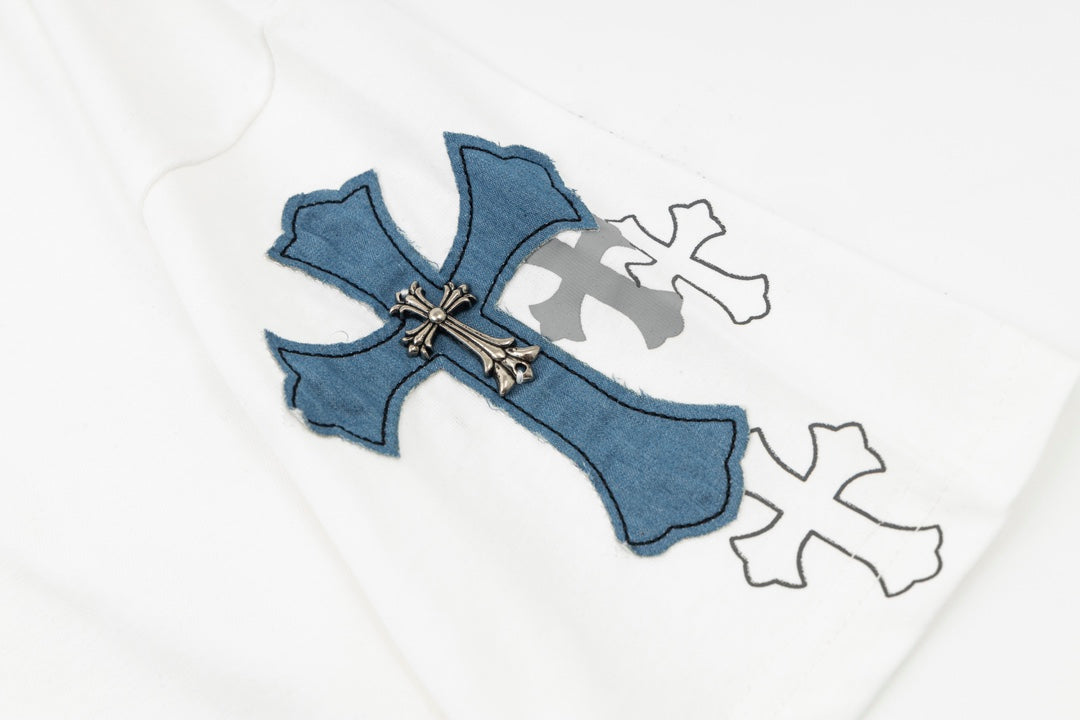 Chrome Hearts 2026 SS Blue & Silver Cross Embroidered T-Shirt - White Unisex Cotton Tee with Gothic Logo
