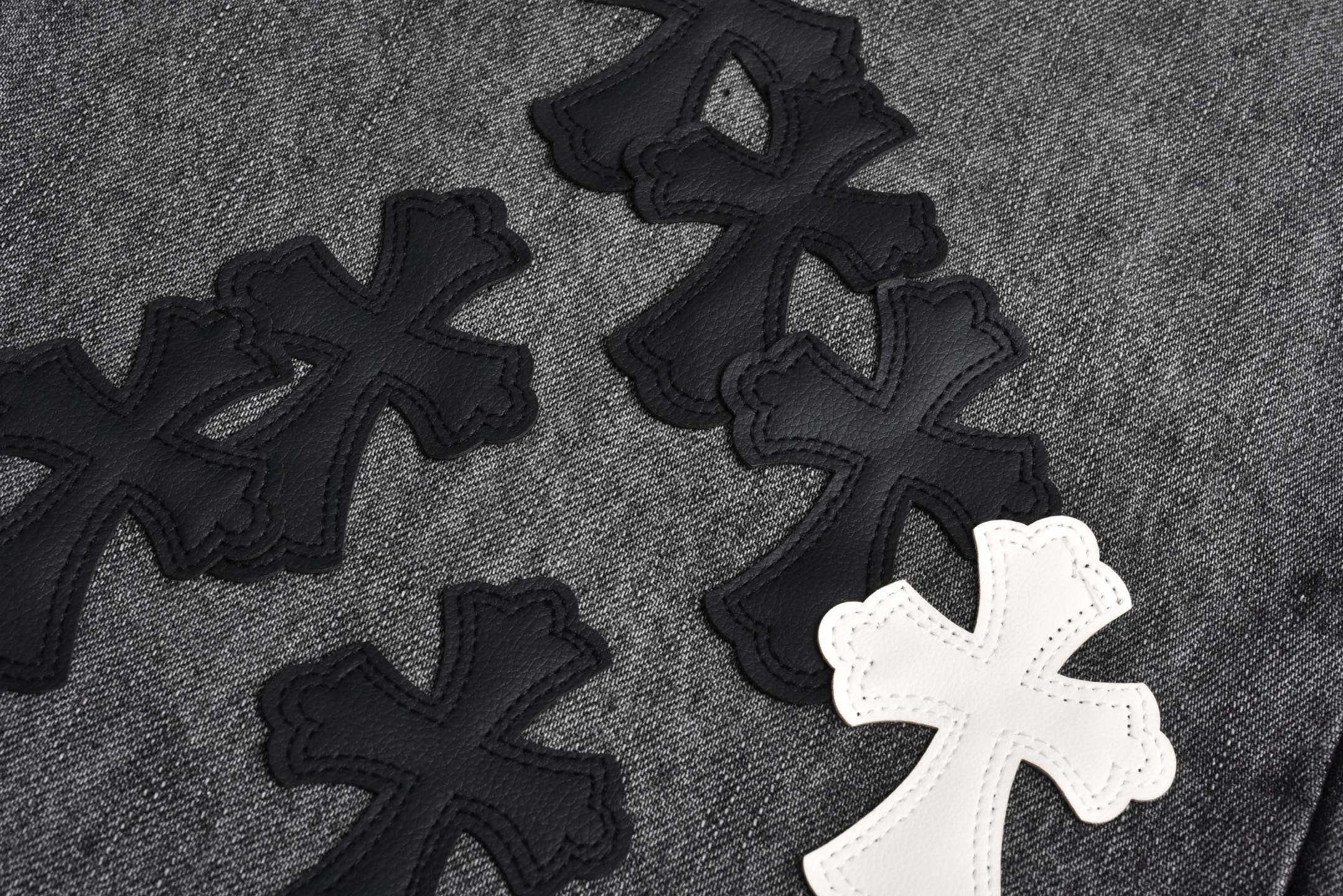 Chrome Hearts Limited Edition Black & Grey Washed Denim Jeans with Flame Leather Appliqués
