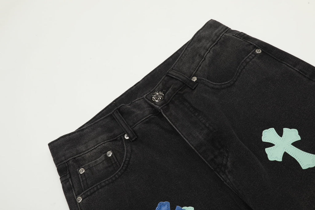 Chrome Hearts Black Denim Jeans with Blue Leather Cross Patches