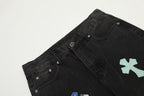 Chrome Hearts Black Denim Jeans with Blue Leather Cross Patches