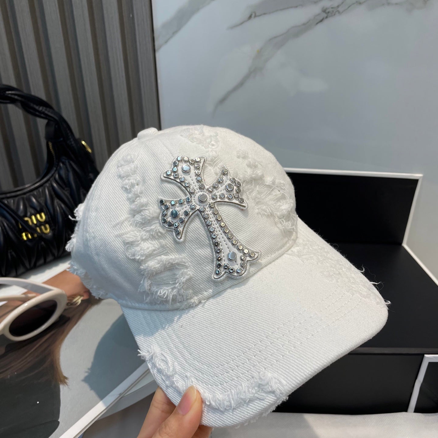 Chrome Hearts-Style White Distressed Baseball Cap