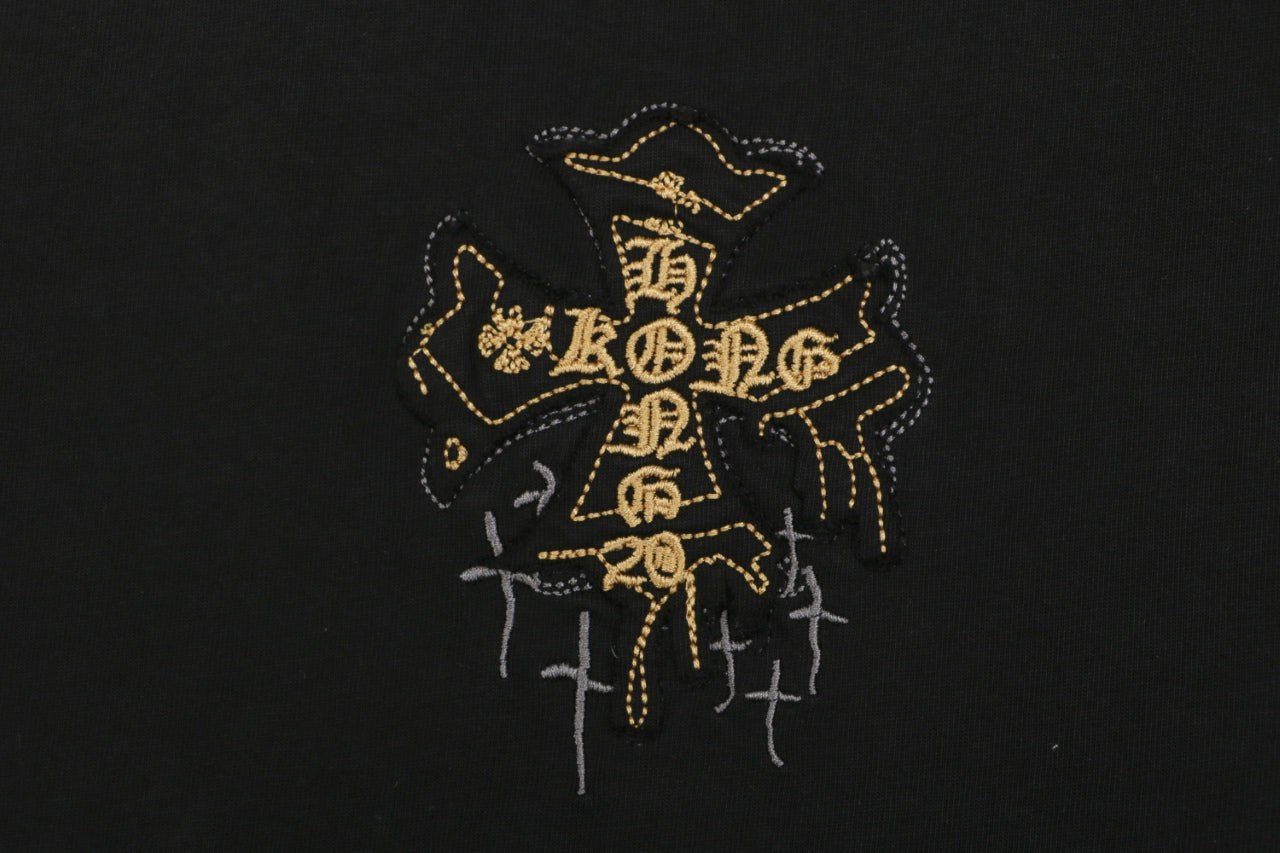 Chrome Hearts Style Black T-Shirt with Gold Cross Graphic and Bottom Logo - Premium Cotton Streetwear Tee