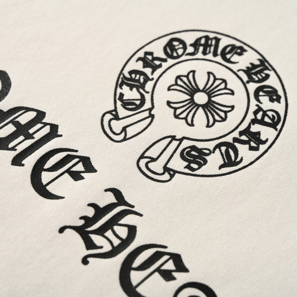 Chrome Hearts White T-Shirt with Horseshoe Logo and Gothic Lettering