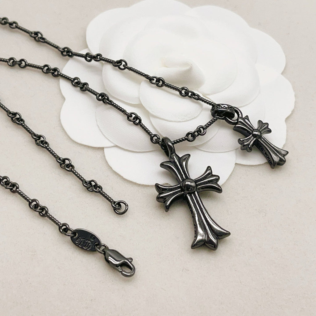 Chrome Hearts Black, Silver, and Green Diamond Double Cross Necklace