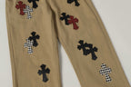 Chrome Hearts khaki straight-leg pants with colorful leather cross patch
