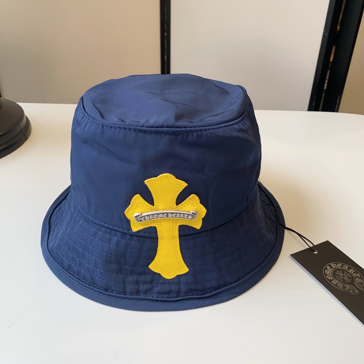 Chrome Hearts Dark Blue & Yellow Cross Leather-Appliqué Bucket Hat