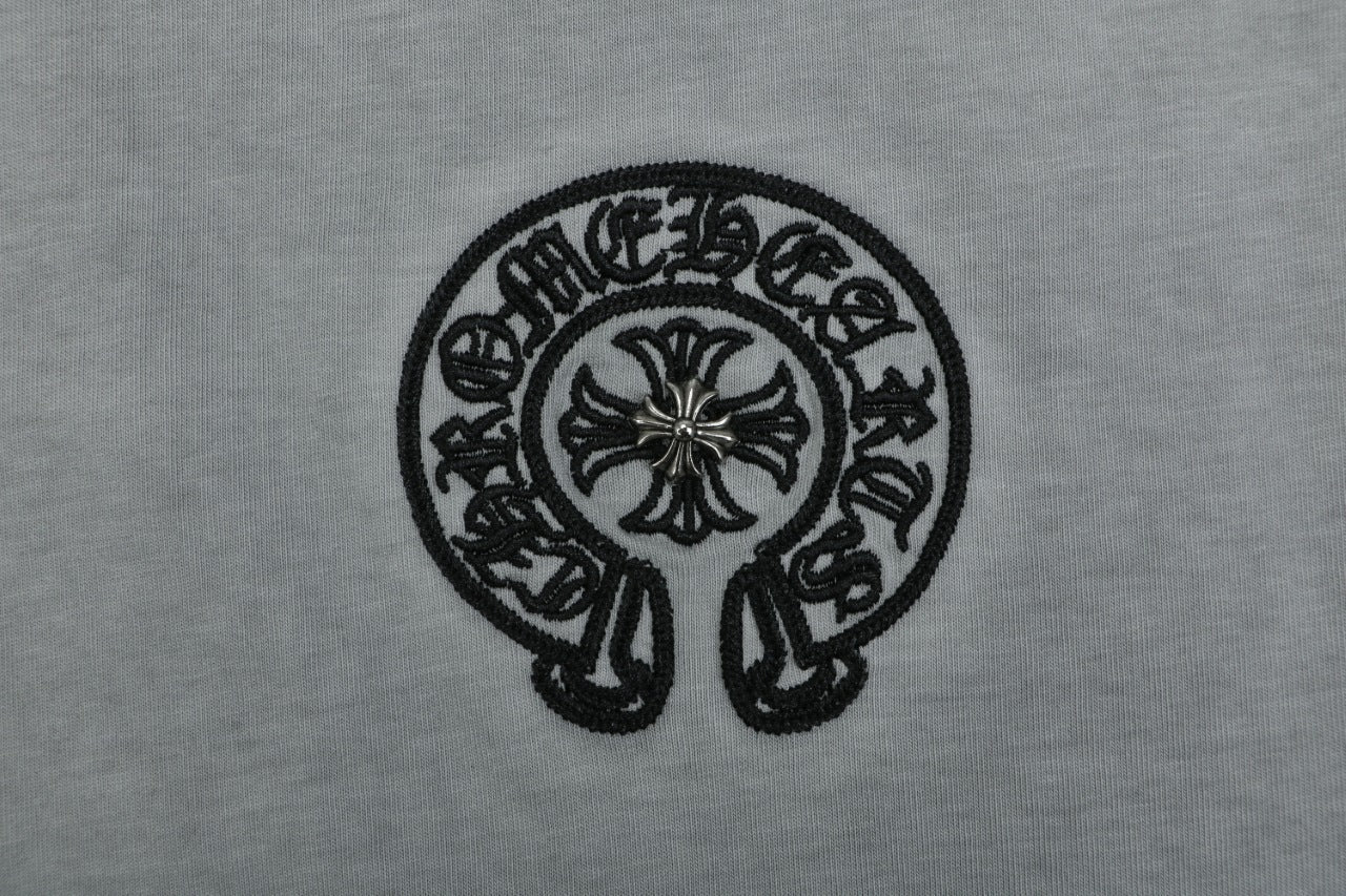 Chrome Hearts Style Vintage Wash Horseshoe T-Shirt - Grey Faded Streetwear Tee