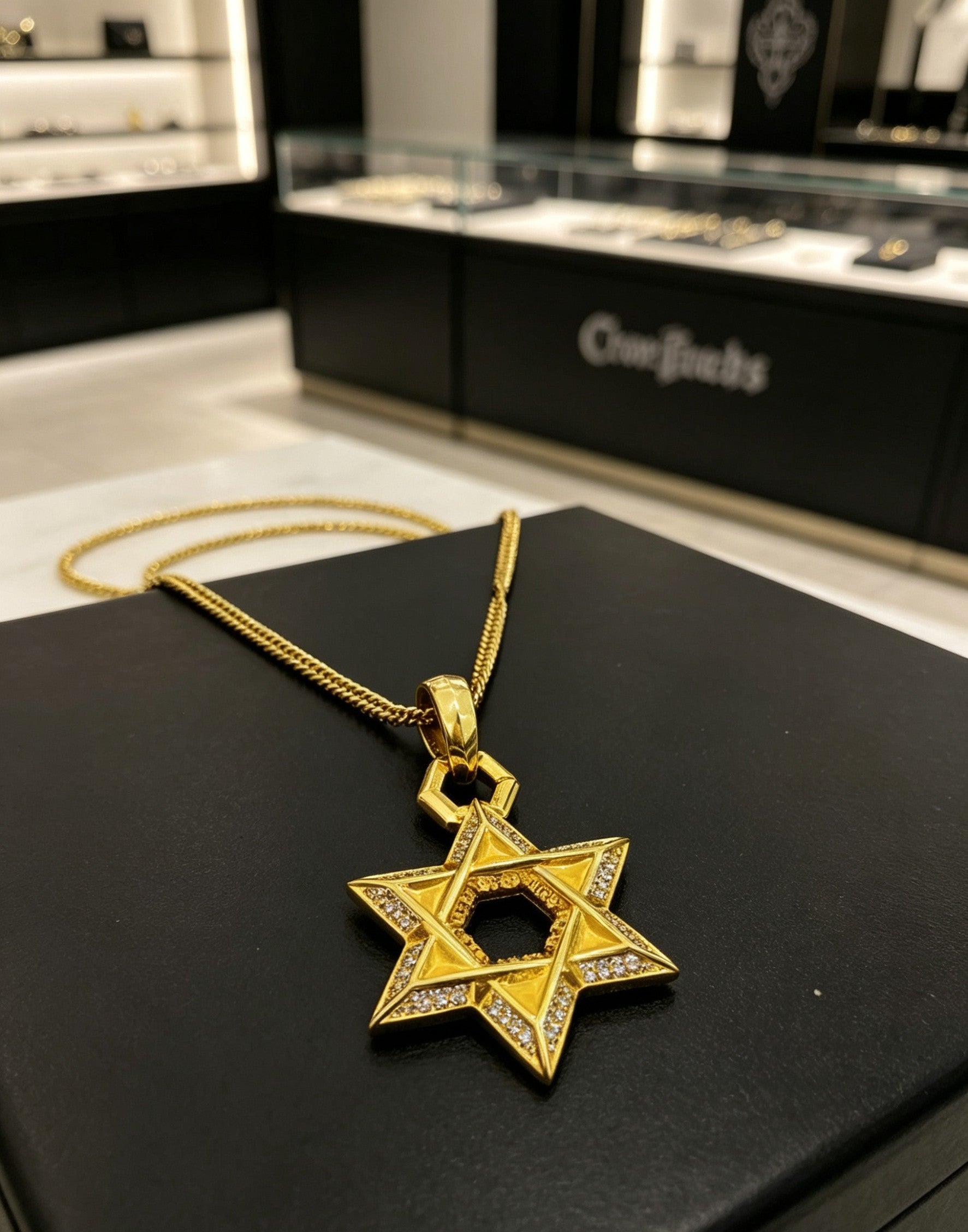 A full-diamond six-pointed star pendant necklace from Chrome Hearts.