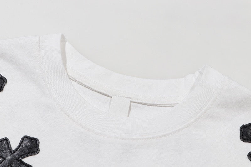 Chrome Hearts White T-Shirt with Black & Silver Cross Appliqués - Chest Detail