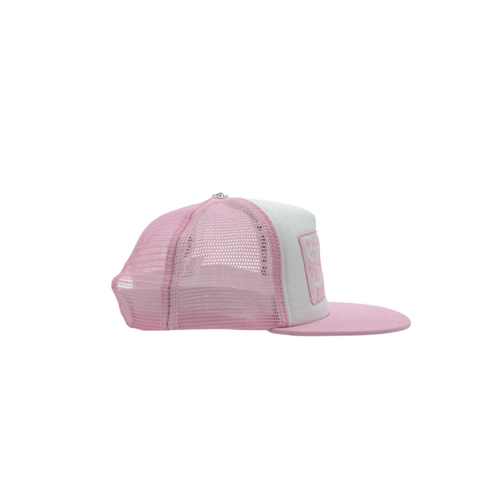 Chrome Hearts pink and white embroidered mesh trucker cap