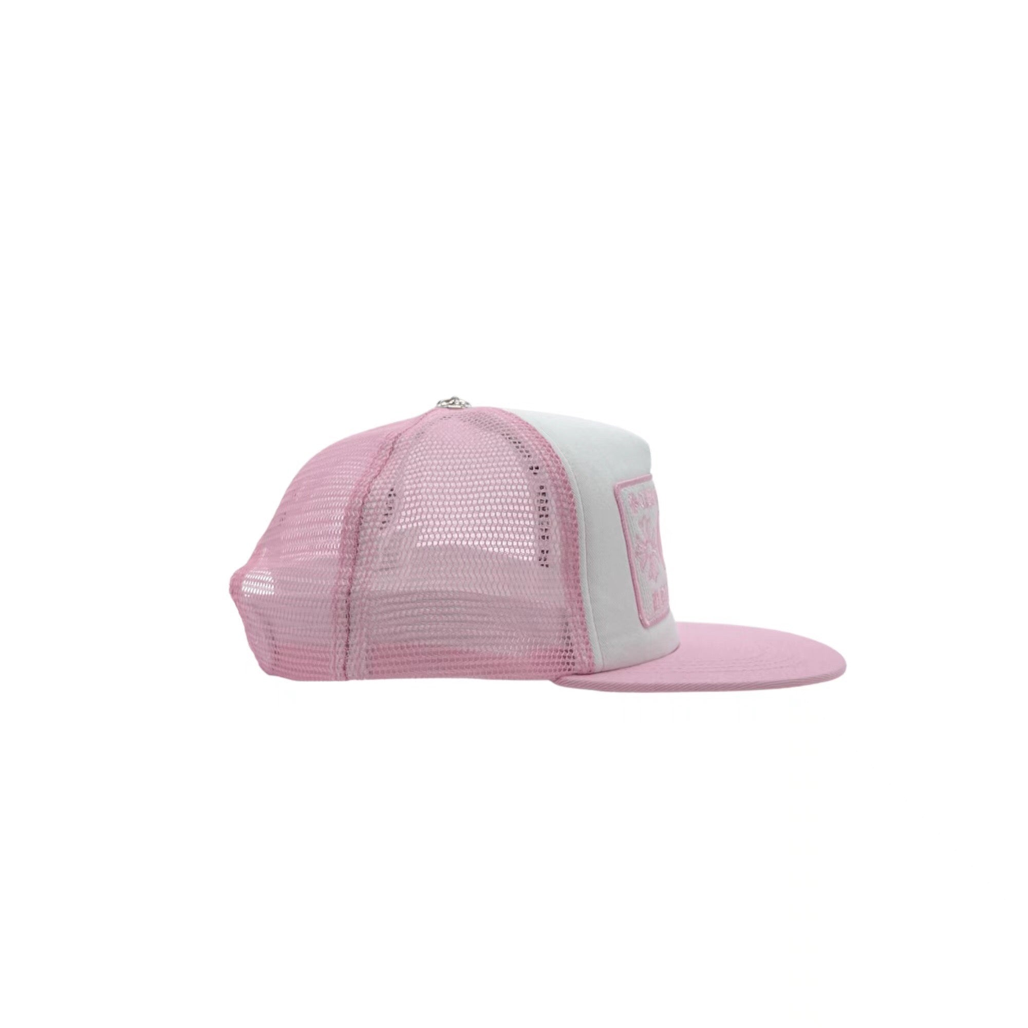 Chrome Hearts pink and white embroidered mesh trucker cap