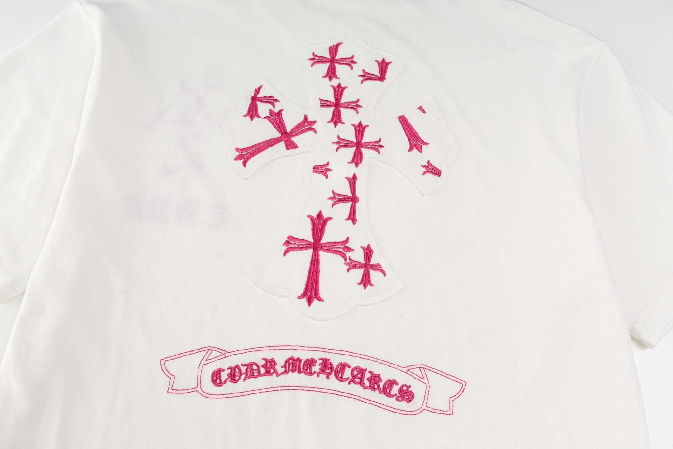 Chrome Hearts White T-Shirt with Pink Cross Appliqué and Embroidery