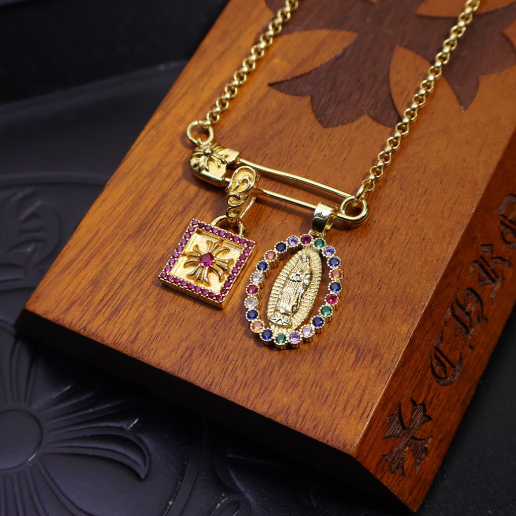 Chrome Virgin Mary and Cross Pin Necklace