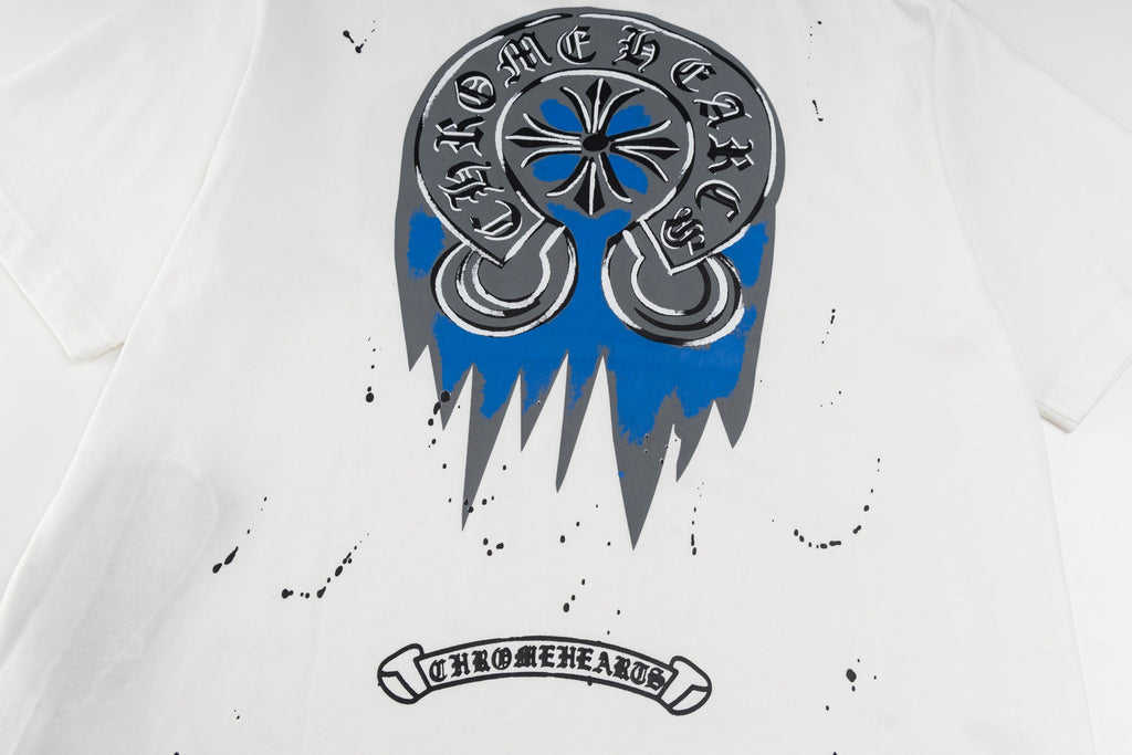 Chrome Hearts White T-Shirt with Blue Drip Horseshoe Cross Graphic