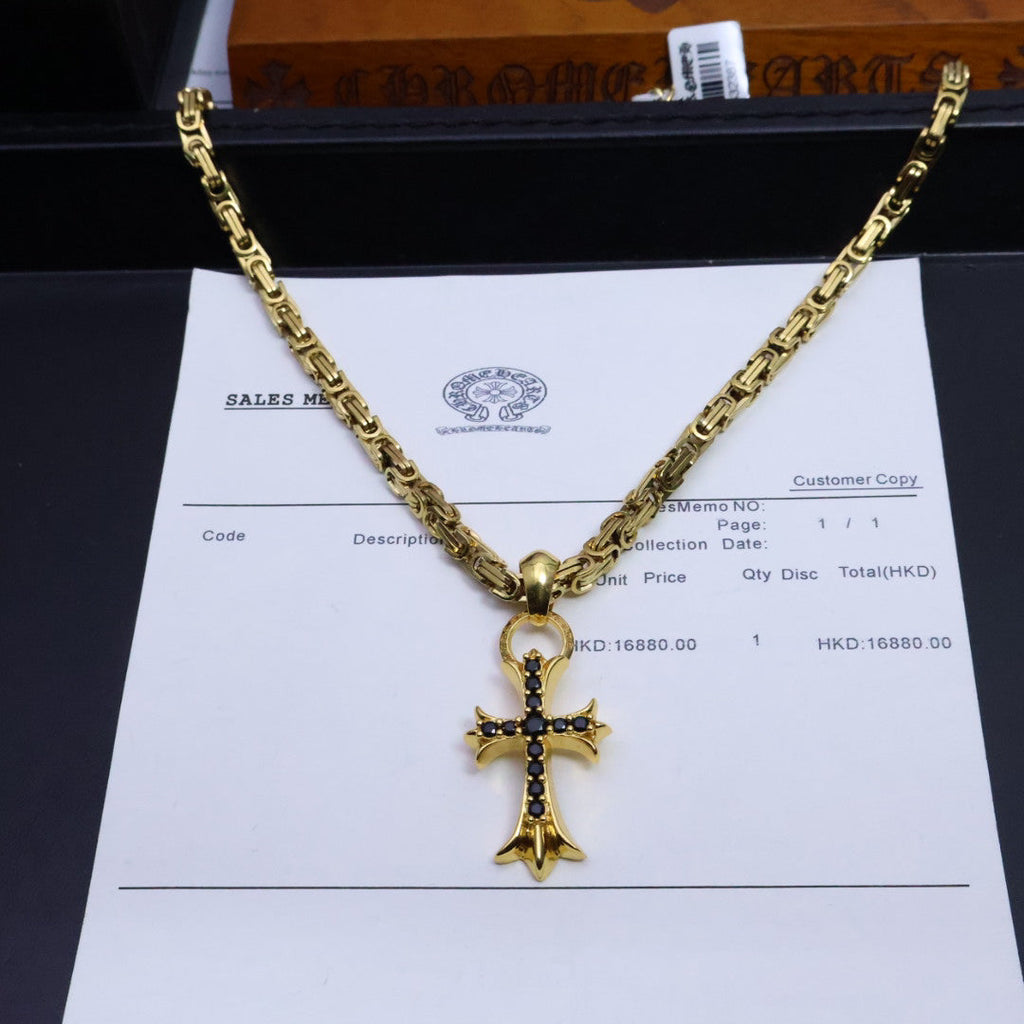 Chrome Hearts 22K Gold & Black Diamond Cross Necklace