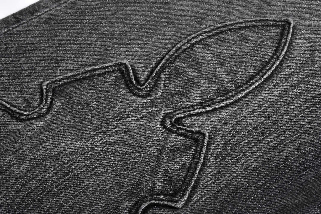 Chrome Hearts Limited Edition Black & Grey Washed Denim Jeans with Flame Leather Appliqués