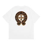 Chrome Hearts Style Gold Horseshoe Cross T-Shirt - 3D Metallic Embossed Graphic, Black Cotton Streetwear Tee