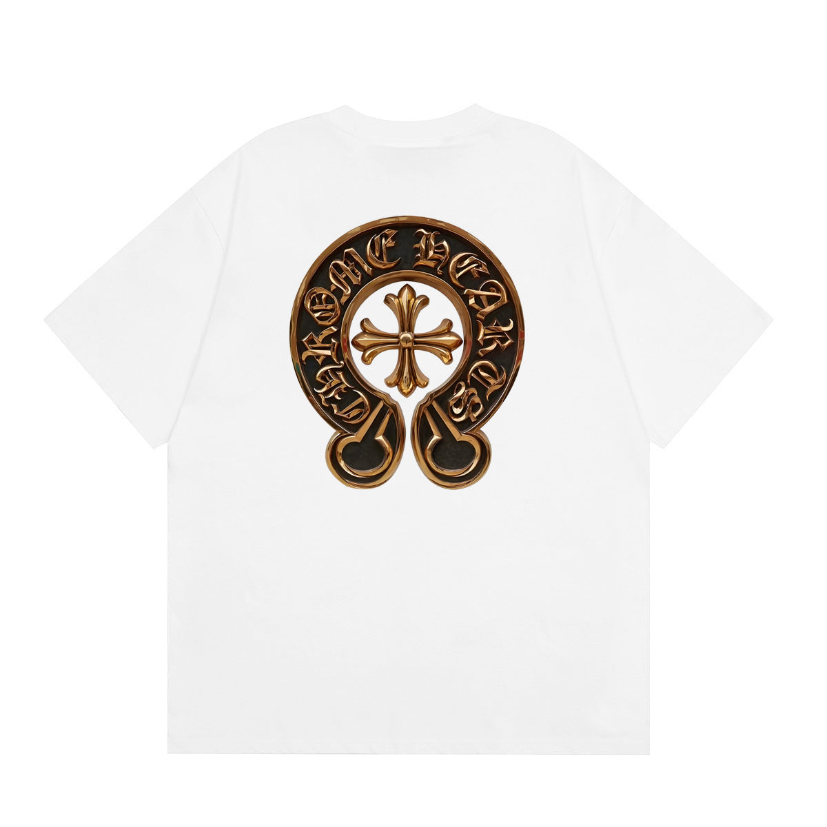 Chrome Hearts Style Gold Horseshoe Cross T-Shirt - 3D Metallic Embossed Graphic, Black Cotton Streetwear Tee