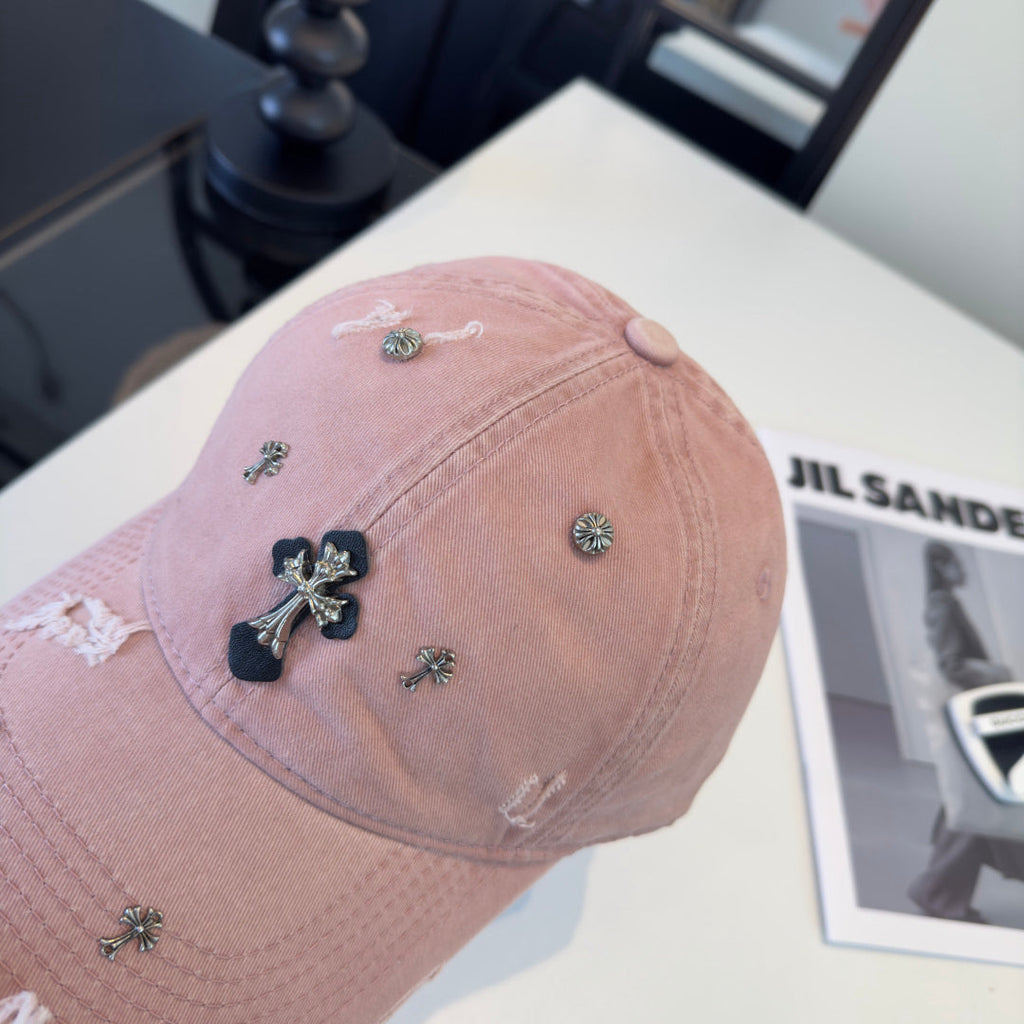 Chrome Hearts Pink Distressed Ripped Baseball Cap