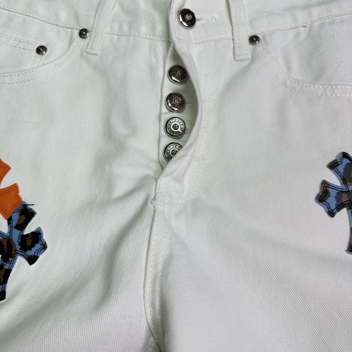 Chrome Hearts "Orange & Blue Leopard Print Cross Patchwork" Jeans