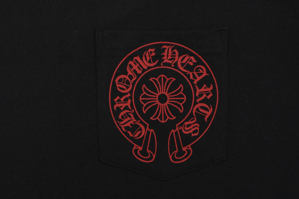 Chrome Hearts Style Red Embroidered Horseshoe Pocket T-Shirt - Black Cotton Streetwear Tee
