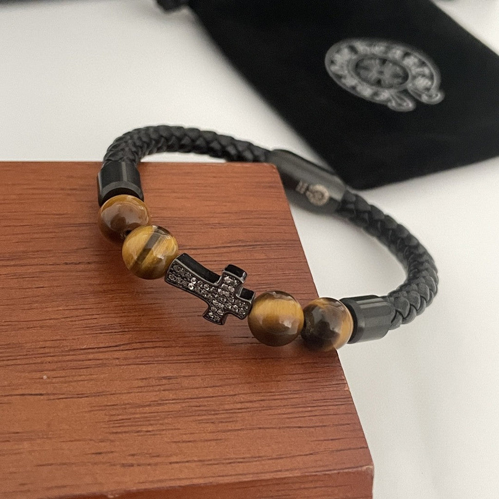 Chrome Hearts Tiger's Eye Cross Leather Cord Bracelet