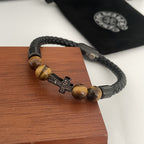 Chrome Hearts Tiger's Eye Cross Leather Cord Bracelet