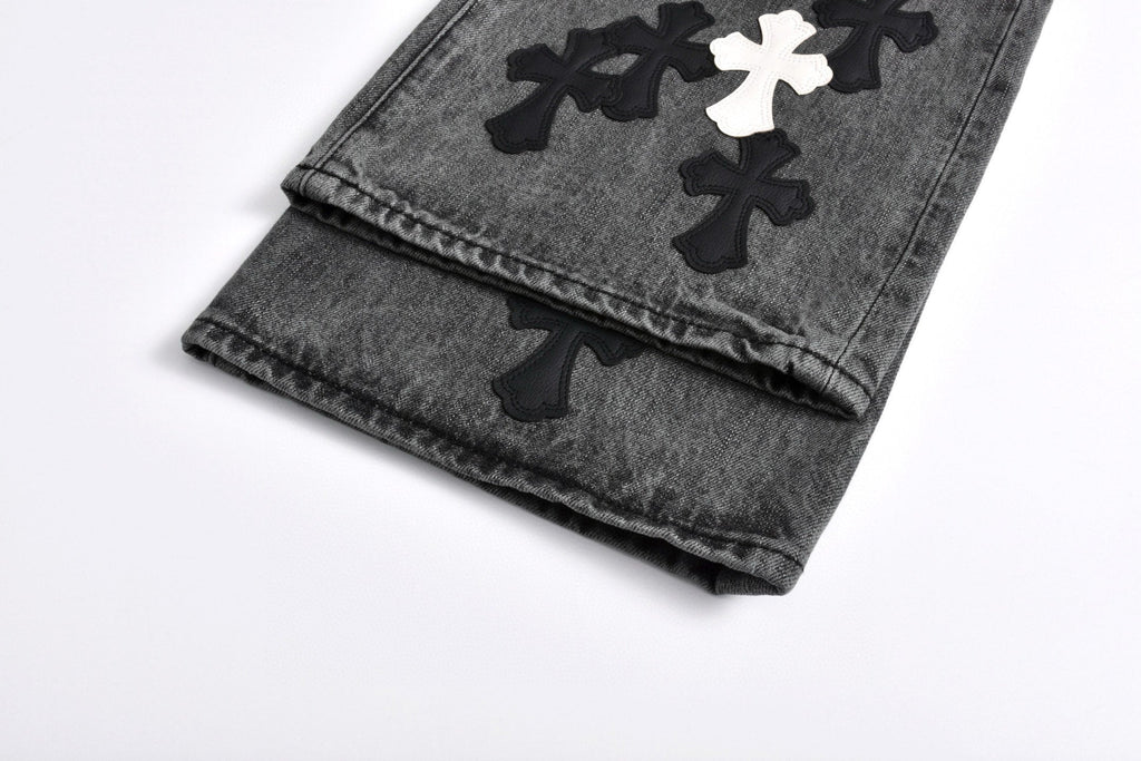 Chrome Hearts Limited Edition Black & Grey Washed Denim Jeans with Flame Leather Appliqués
