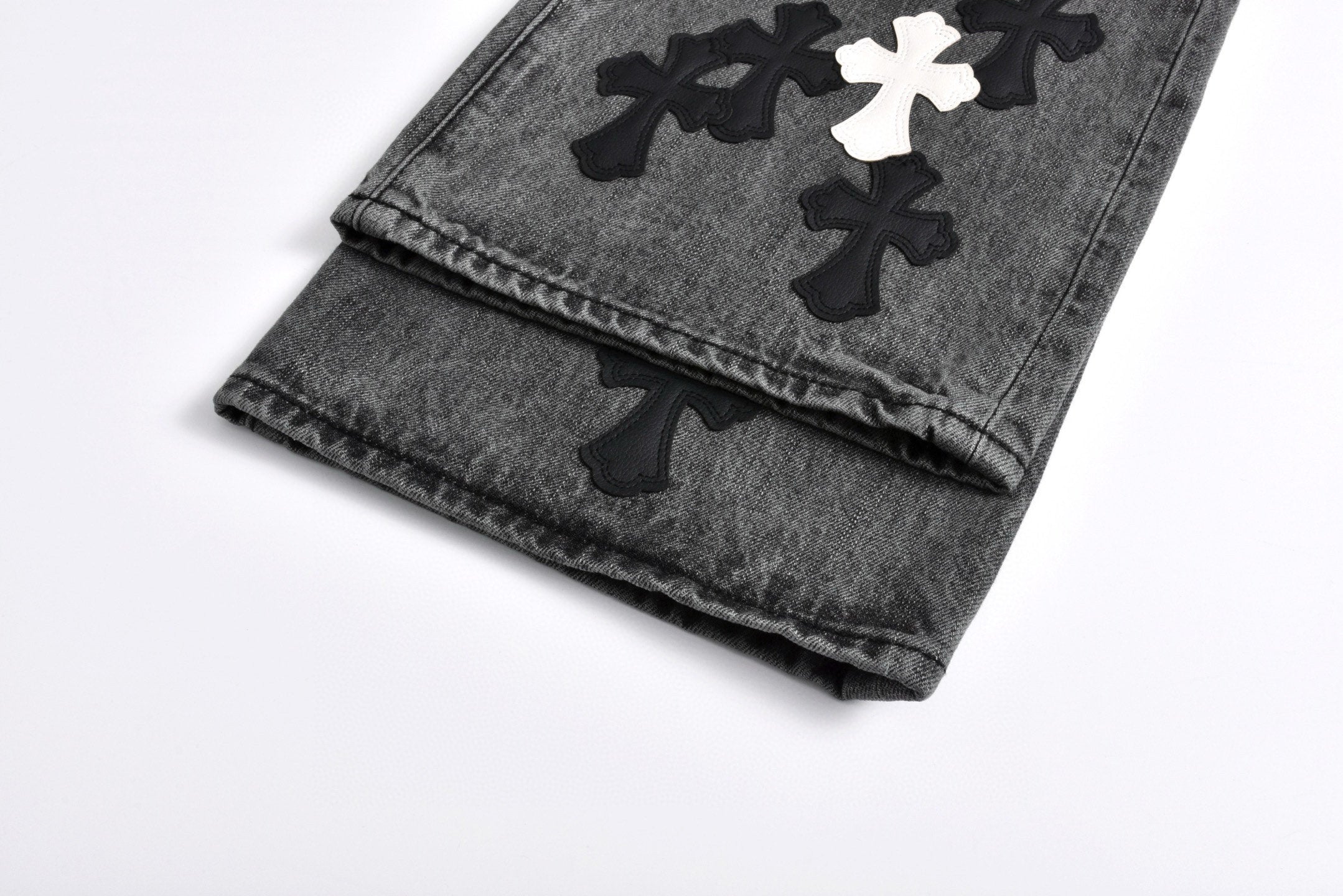 Chrome Hearts Limited Edition Black & Grey Washed Denim Jeans with Flame Leather Appliqués