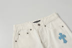 Chrome Hearts' classic white denim jeans with a colored leather cross wash.
