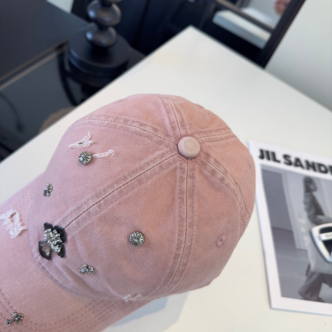 Chrome Hearts Pink Distressed Ripped Baseball Cap