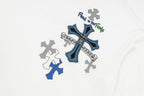 Chrome Hearts 2026 SS Blue & Silver Cross Embroidered T-Shirt - White Unisex Cotton Tee with Gothic Logo