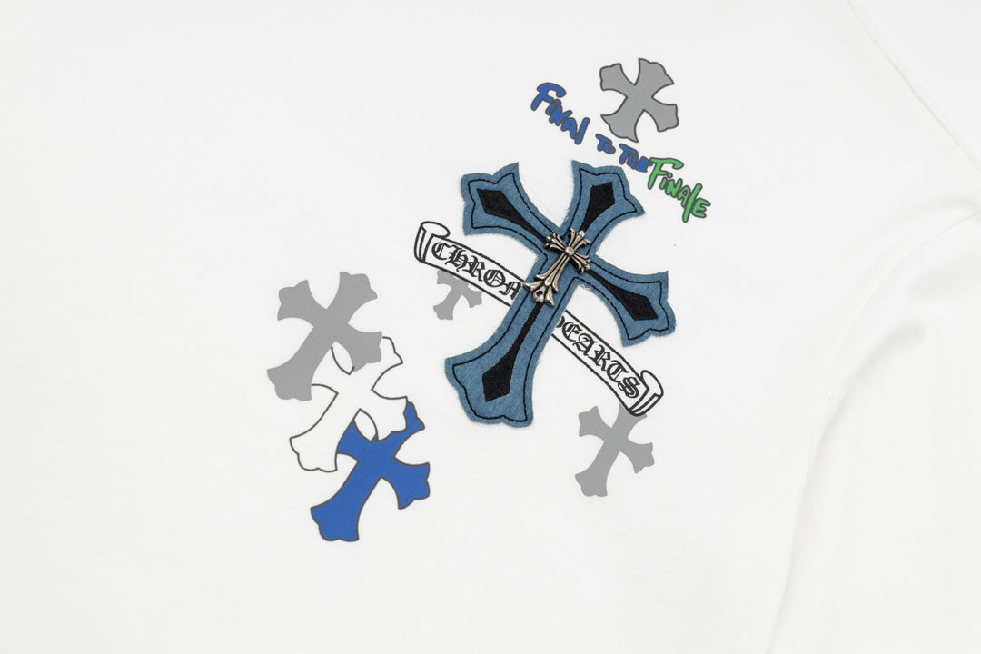 Chrome Hearts 2026 SS Blue & Silver Cross Embroidered T-Shirt - White Unisex Cotton Tee with Gothic Logo