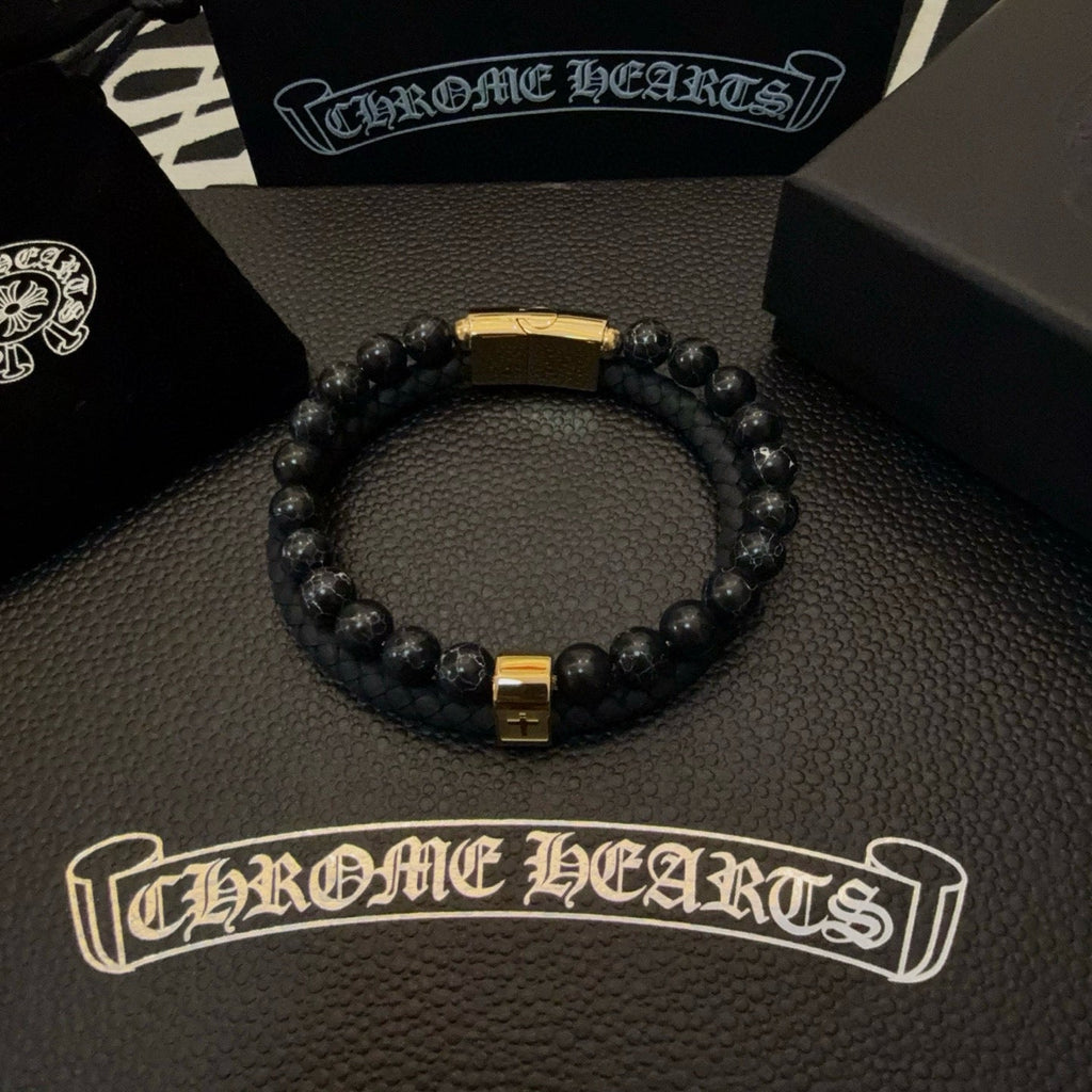 Chrome Hearts Double-Layer Bracelet: Volcanic Stone and Leather